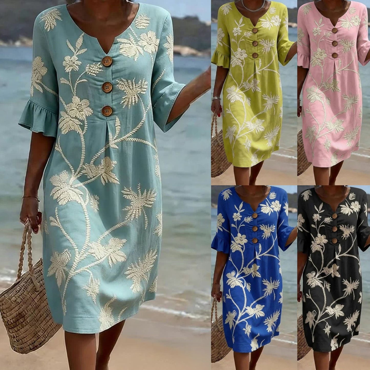Women's Fashion Wear Buttons Floral Print Casual Cotton Dress