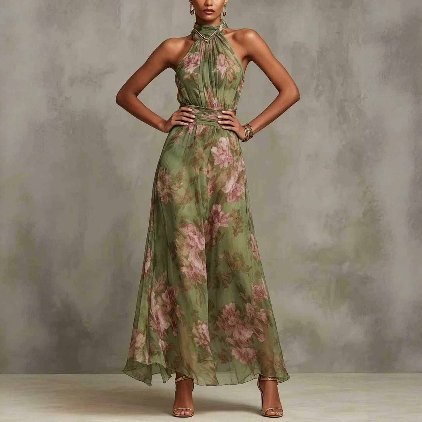 Women's Ruffle Hip Mesh Floral Print Irregular Slit Sexy Suspender Dress