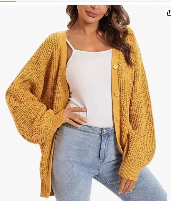 Lantern Sleeve Knitted Female Single Breasted Sweaters