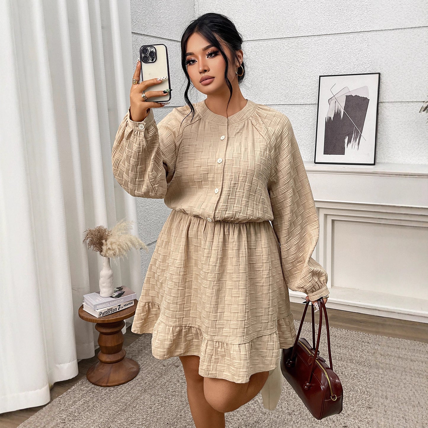 Women's Dress French Retro Jacquard Tight Waist Puff Dresses