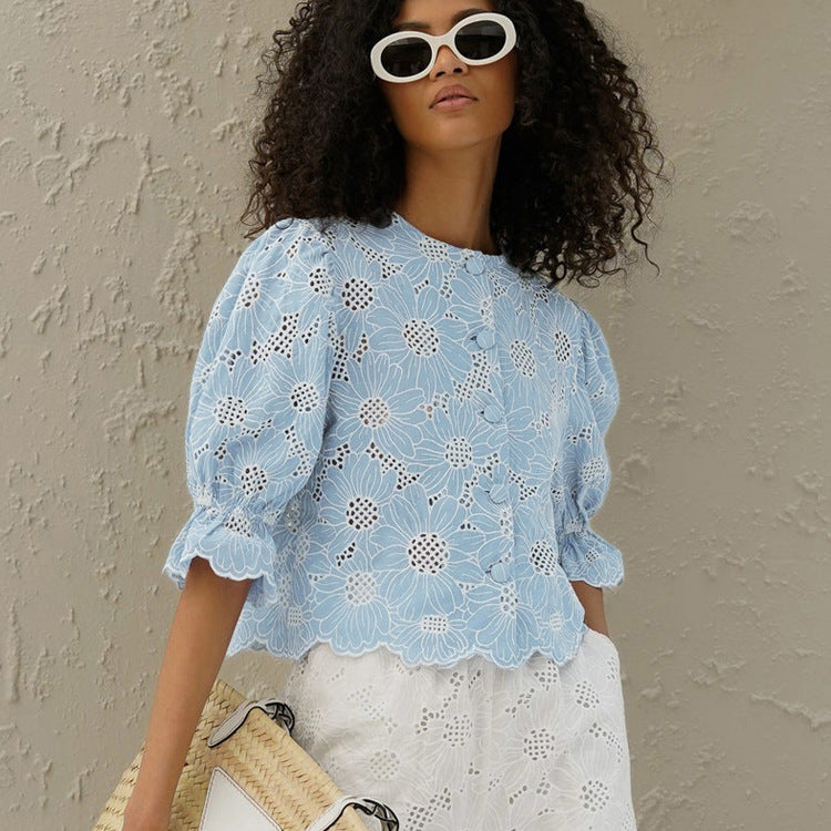 Women's Design Embroidery Shirt Fashion Flared Sleeves Blouses
