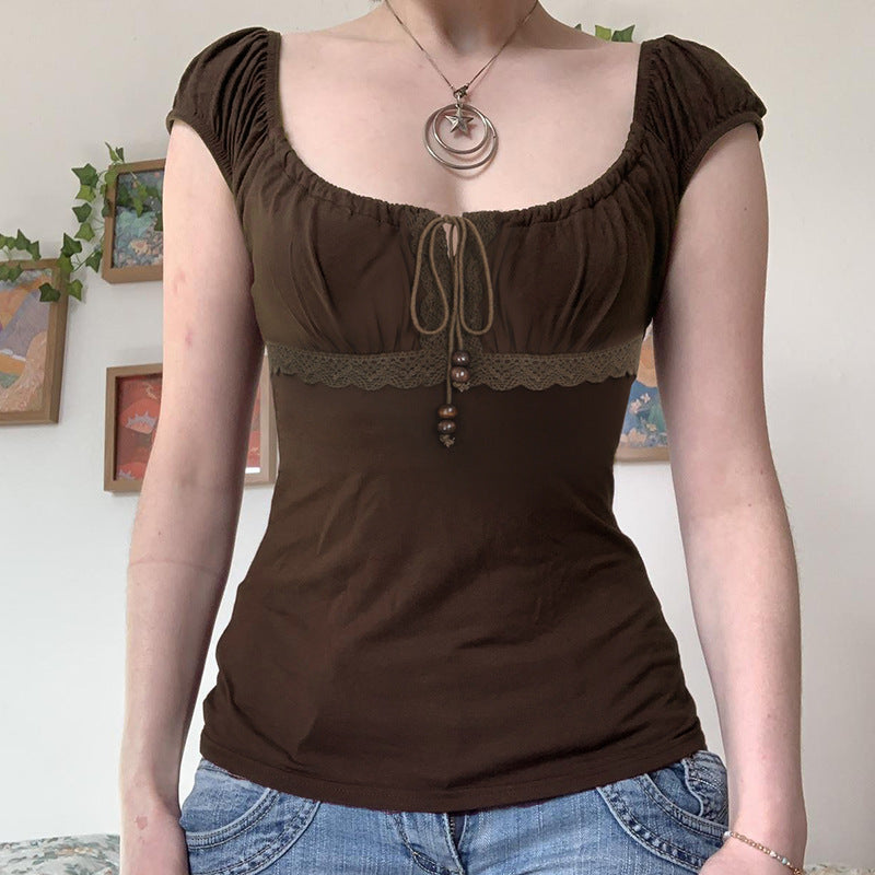 Style Beaded Drawstring Lace Stitching Sweet Pleated Blouses