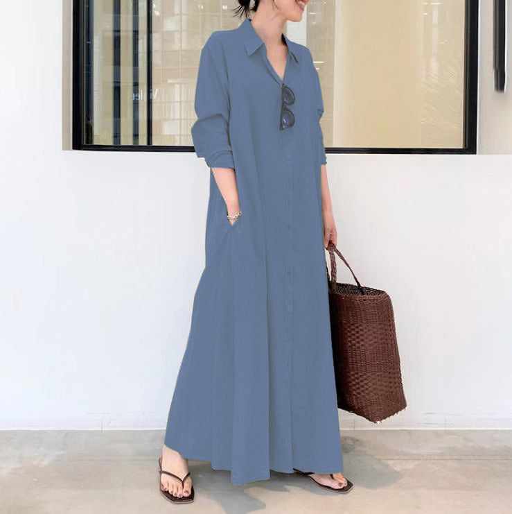 Solid Color Lapel Long Sleeve Pocket Simple Loose Dress