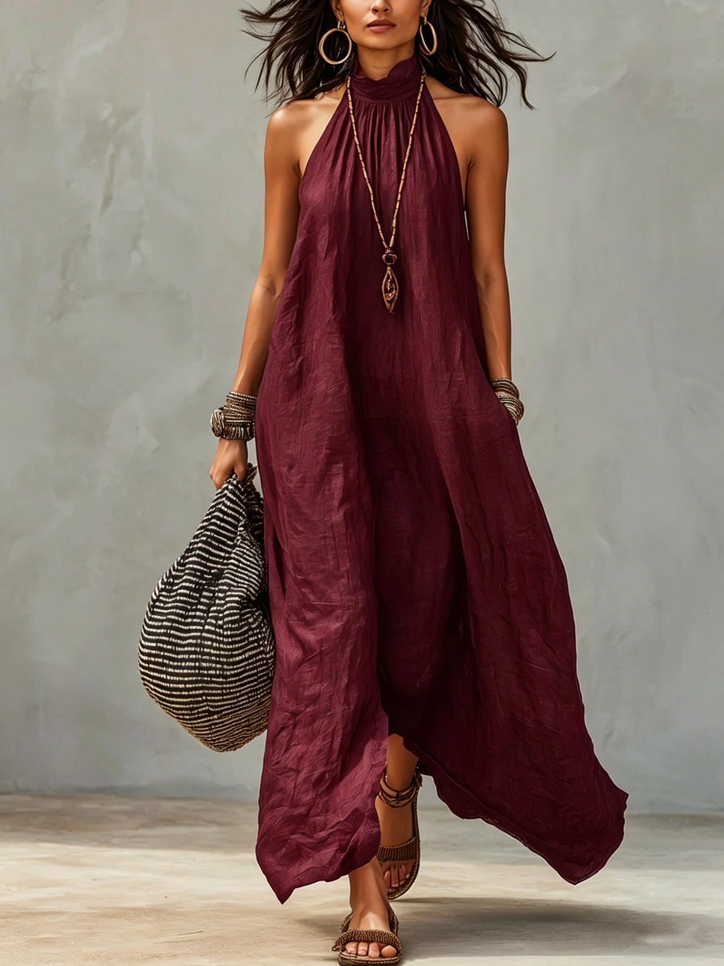 Women's Style Halter Long Backless Wrinkle Loose Dress