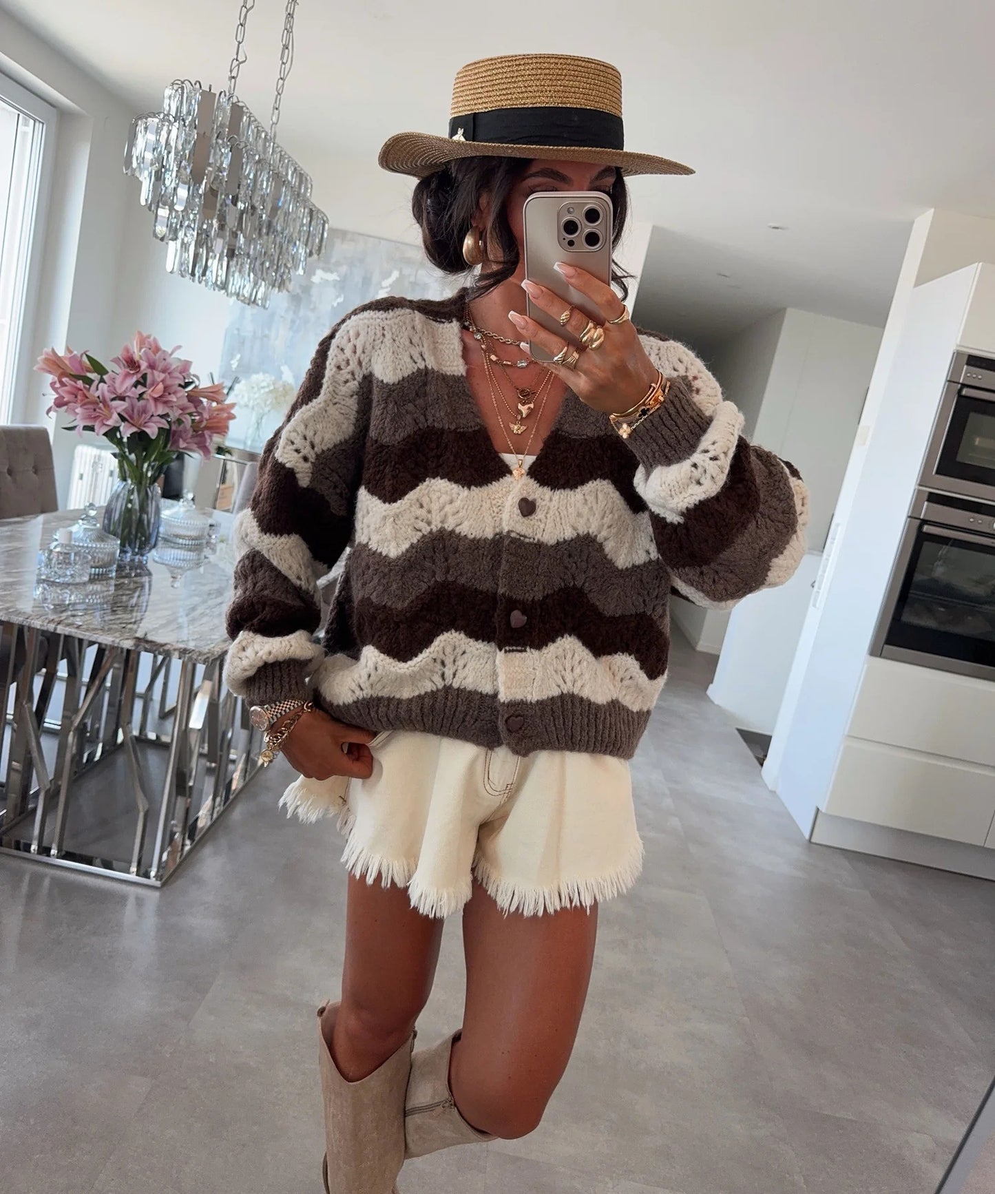 Women's Contrast Color Long Sleeve Single-breasted Knitted Sweaters
