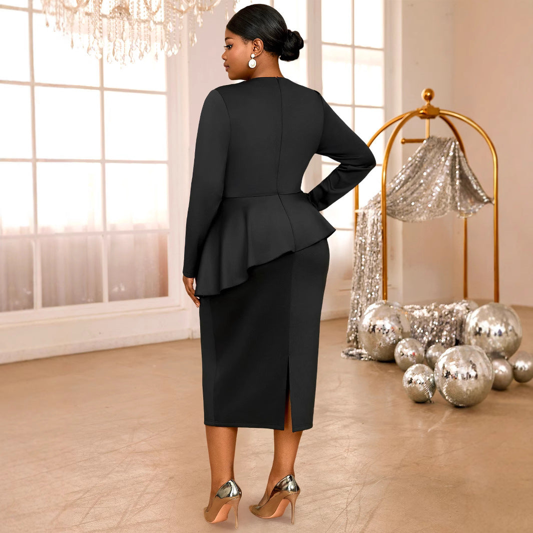 Women's Ruffled Beaded Dress Black Slimming Graduation Dresses