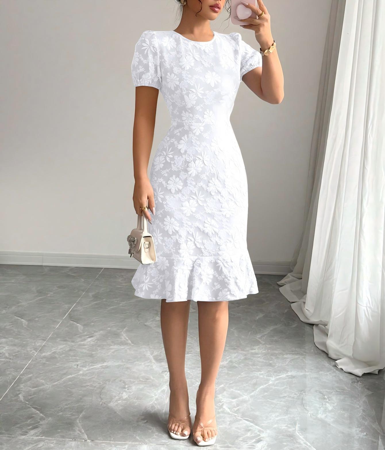 Women's Source Summer Bubble Sleeve Texture Jacquard Round Neck Retro Dress