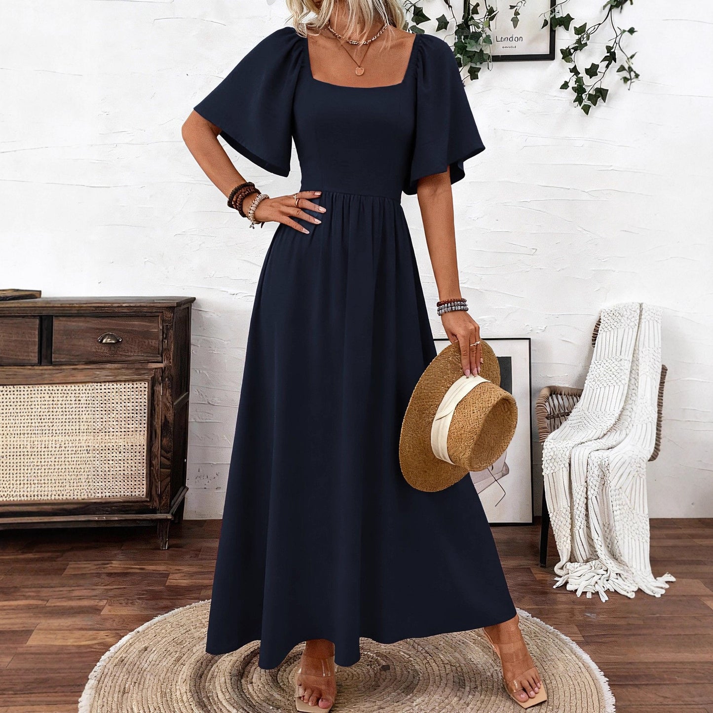 Women's Bohemian Style Square Collar Fashionable Elegant Ruffle Sleeve Dress