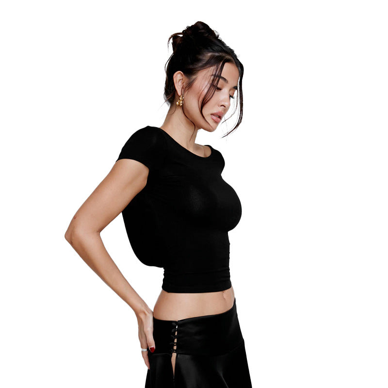 Women's Summer Solid Color Round Neck Backless Blouses