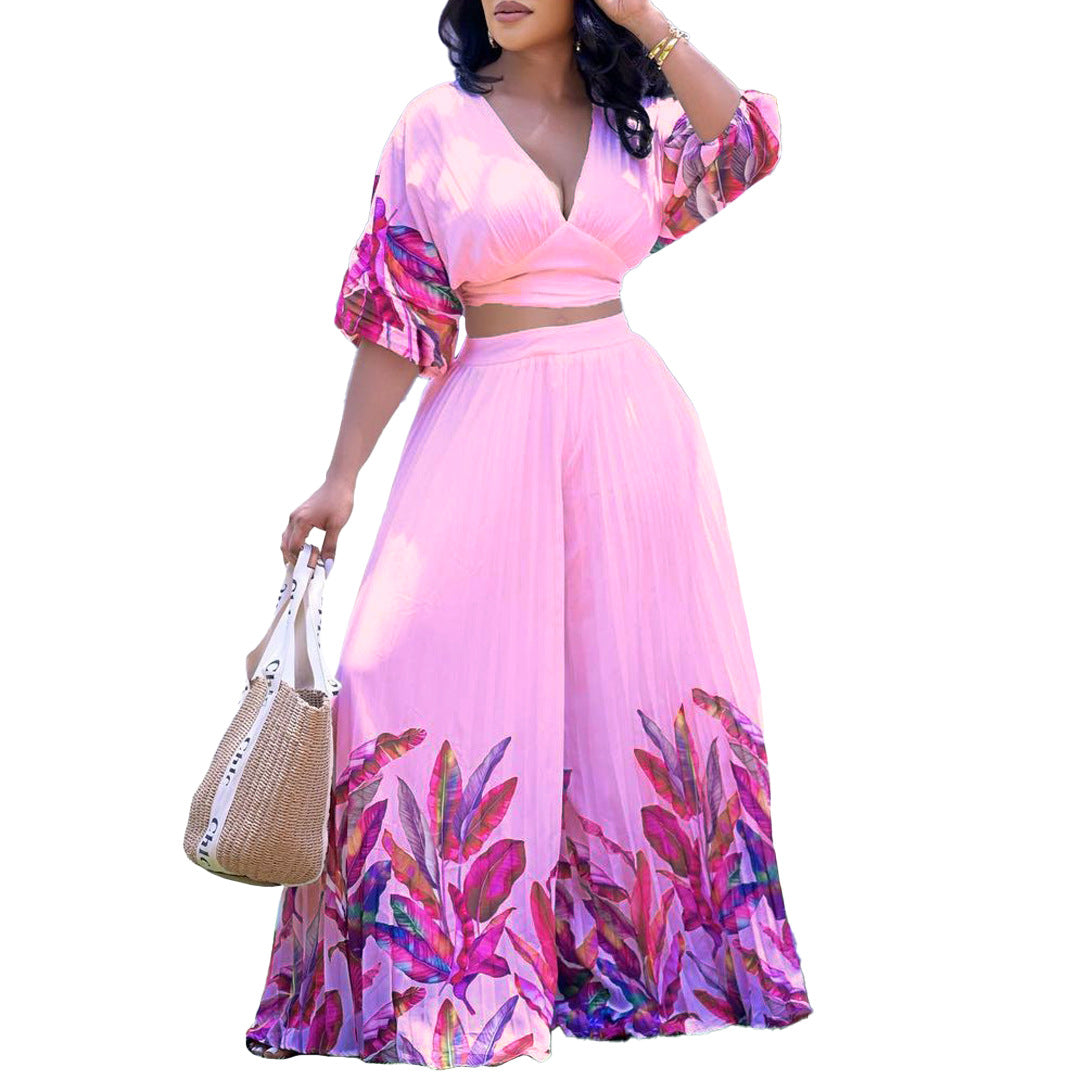 Women's Summer Printed Wide Leg Two-piece Fashion Casual Suit