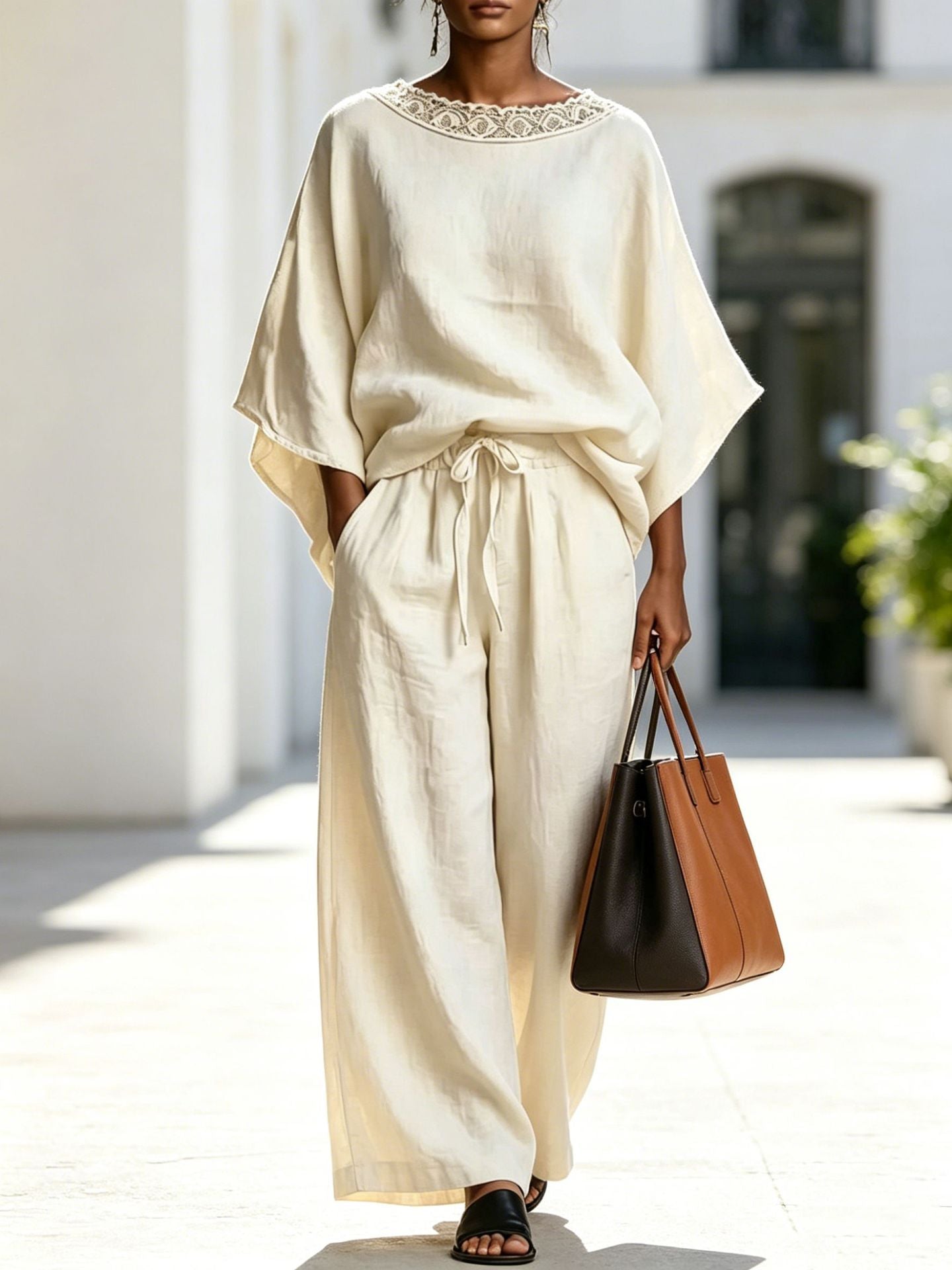 Women's Color Lace Round Neck Loose Sleeves Trousers Shorts