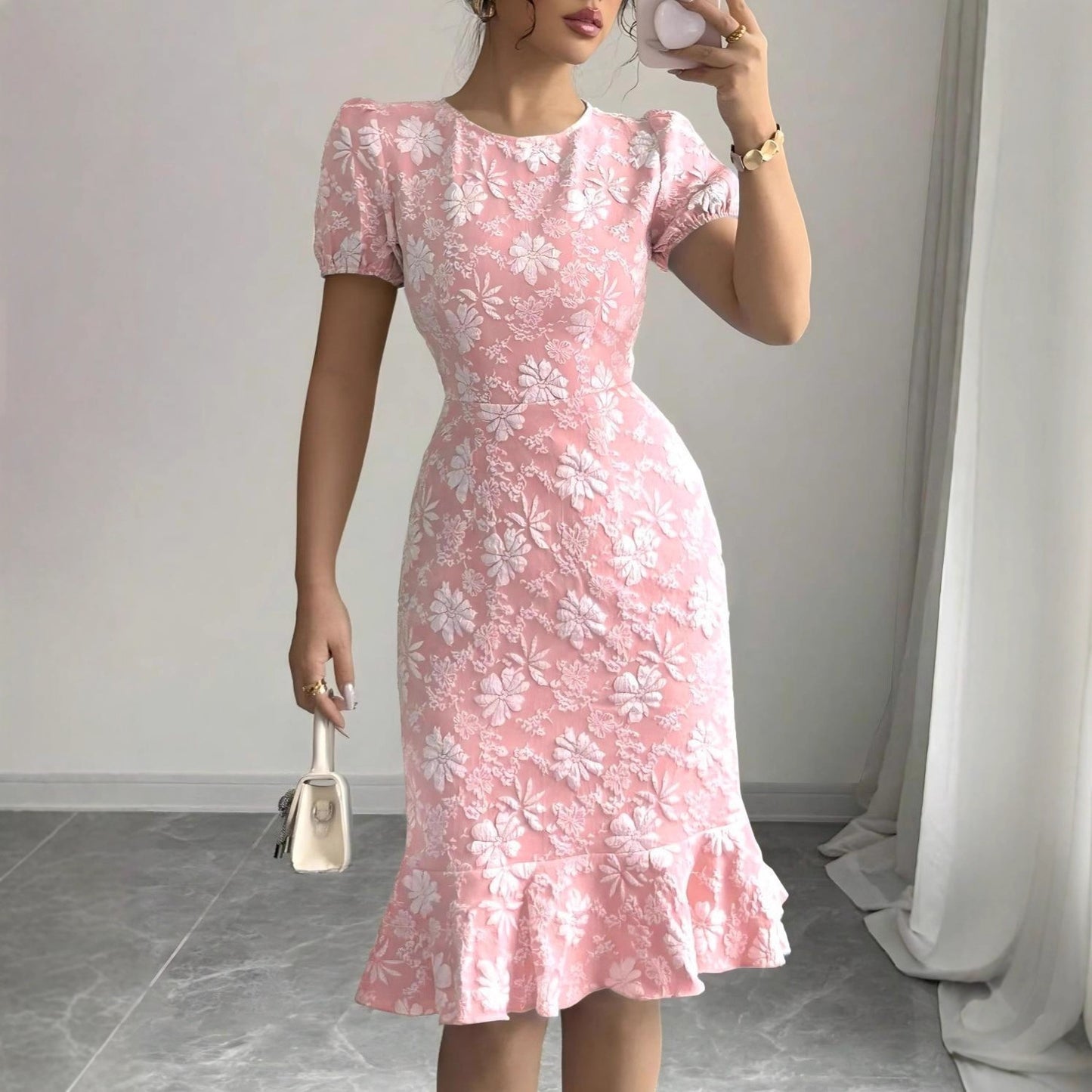 Women's Source Summer Bubble Sleeve Texture Jacquard Round Neck Retro Dress