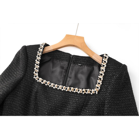 Collar Beaded Decoration Long Sleeves Slimming Dresses