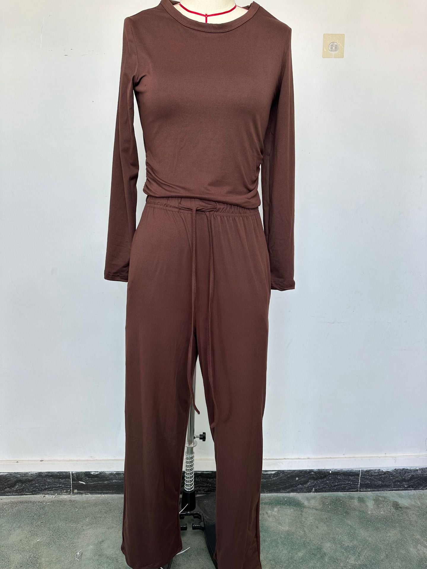 Solid Color Long Sleeves Outfit High Waist Wide Leg Tops