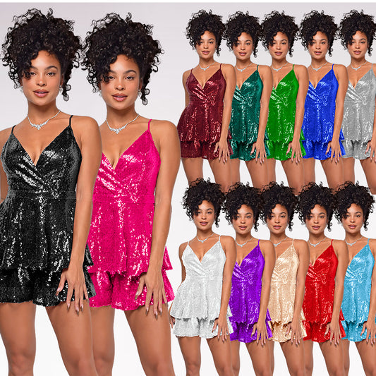 Women's Sleeveless Backless Bodysuit Female Summer Sequin Jumpsuits