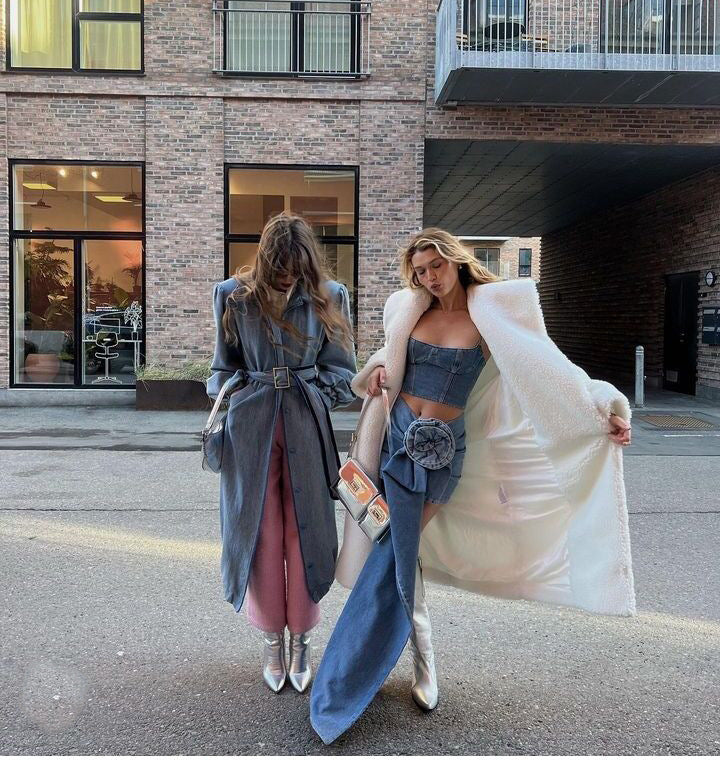 Layered Streamers Rose Handmade Flower Denim Skirts