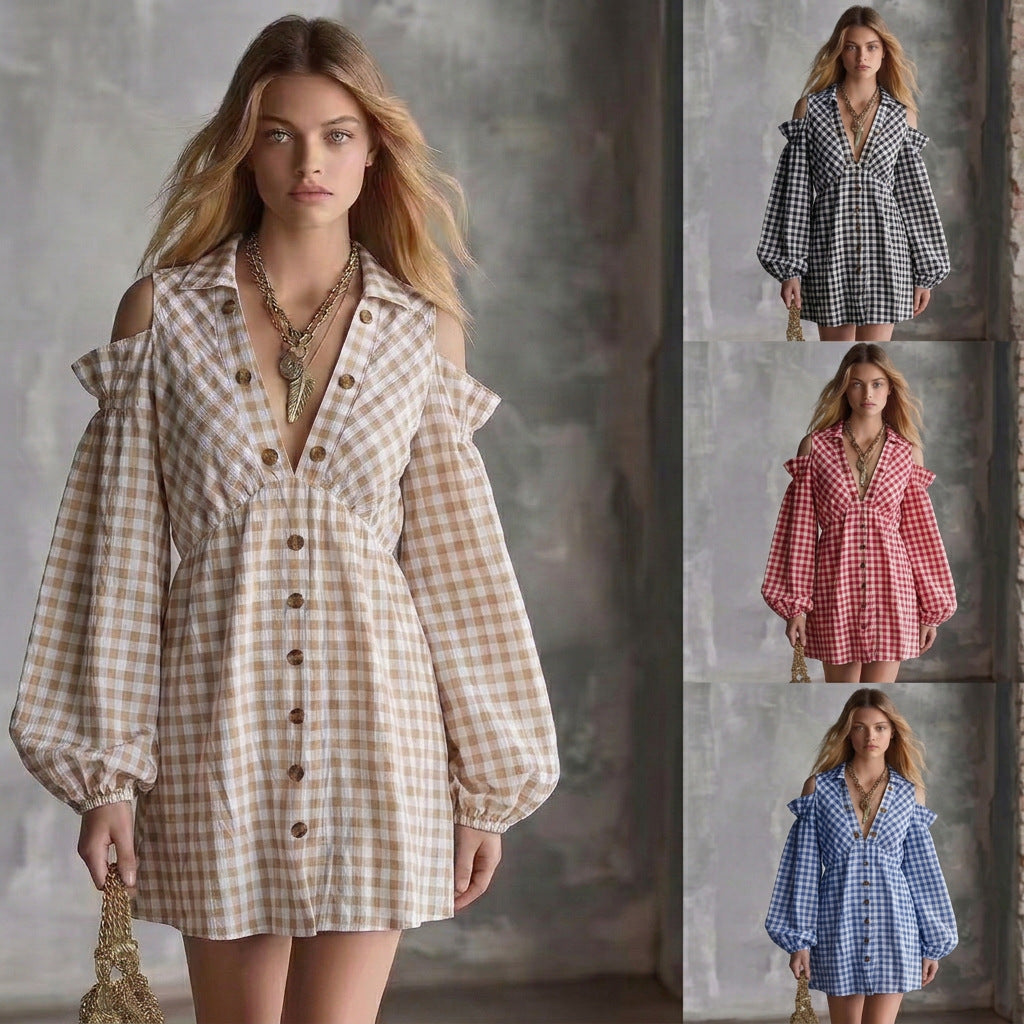 Autumn Color Contrast Patchwork Retro Lantern Sleeve Dress