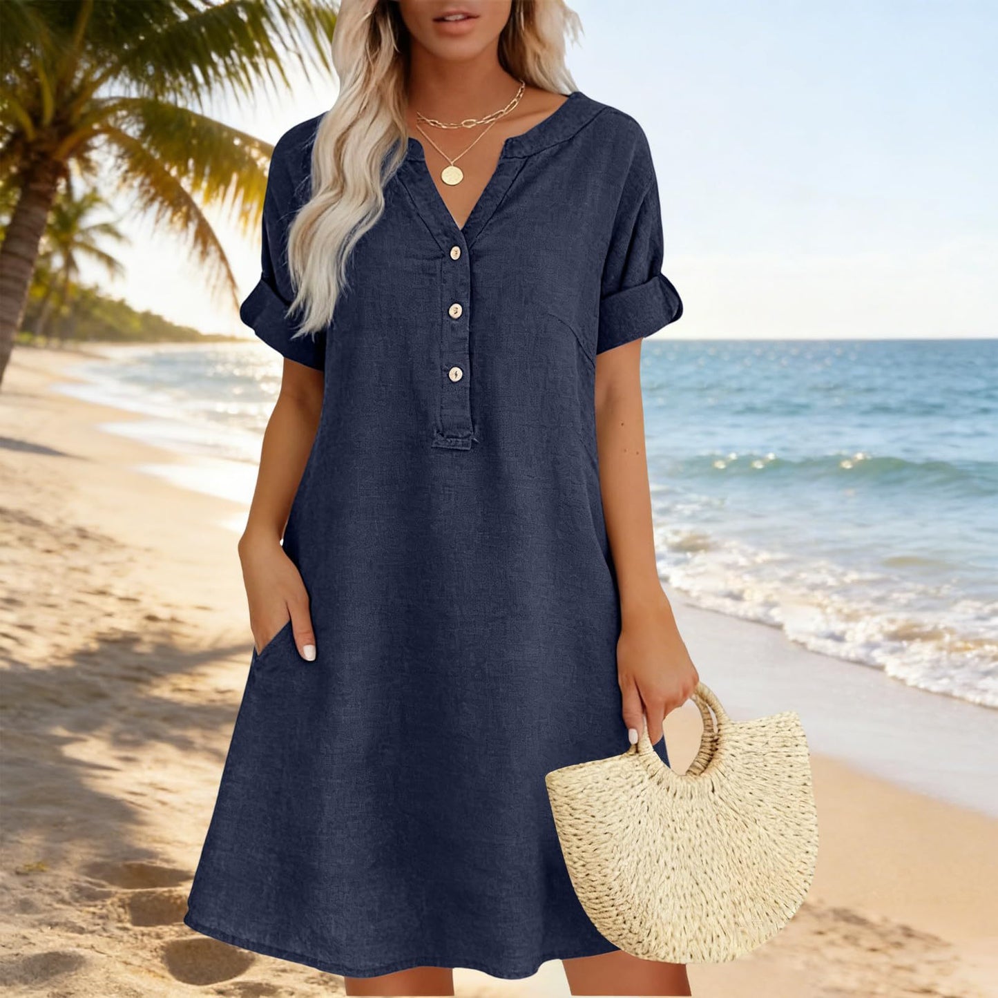 Sleeve Buttons Pocket Solid Color Shirt Shorts