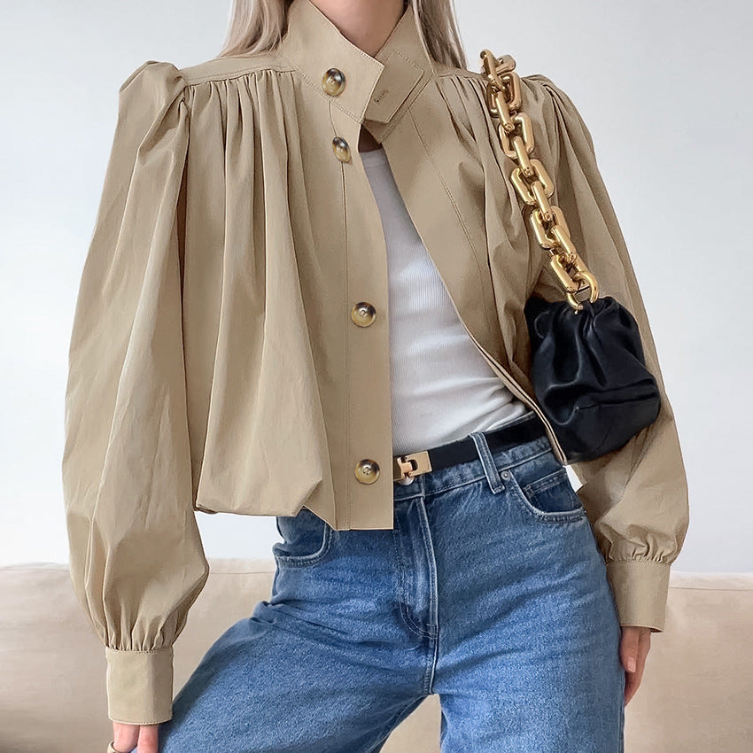 Women's Fashionable High-grade Casual Khaki Stand-up Collar Coats