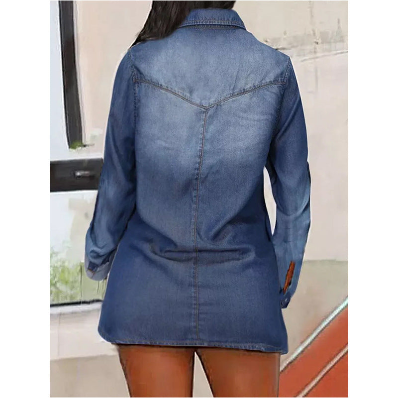 Women's Denim Shirts Button Roll Sleeve Split Blouses