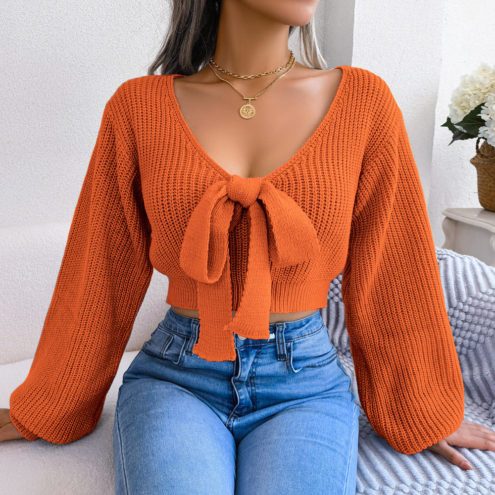 Women's Style Fashion Bowknot Lantern Sleeve Sweater