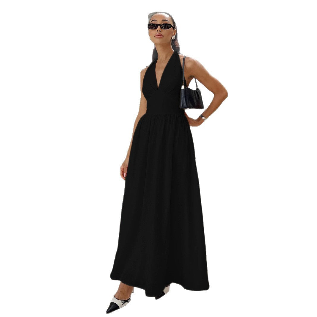 Women's Temperament Pure Color Backless Large Hem Dress