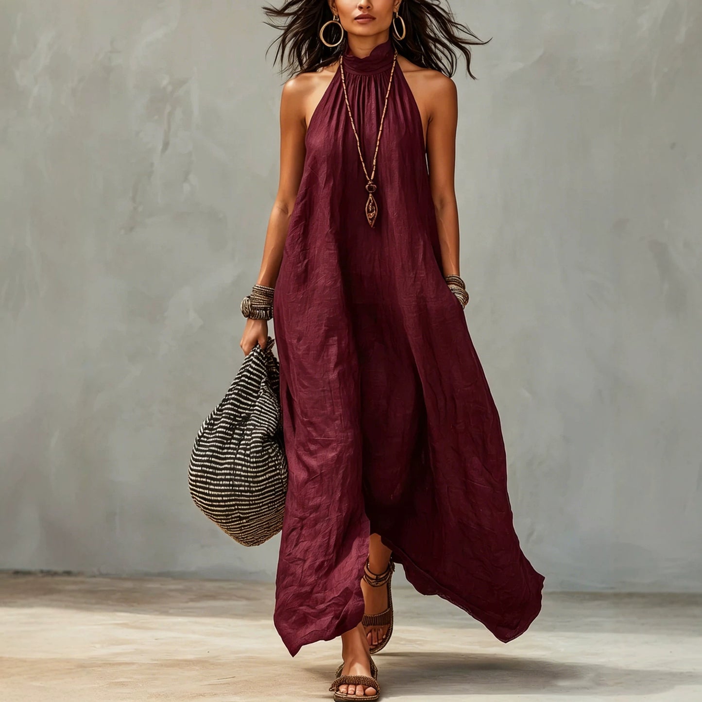 Women's Style Halter Long Backless Wrinkle Loose Dress
