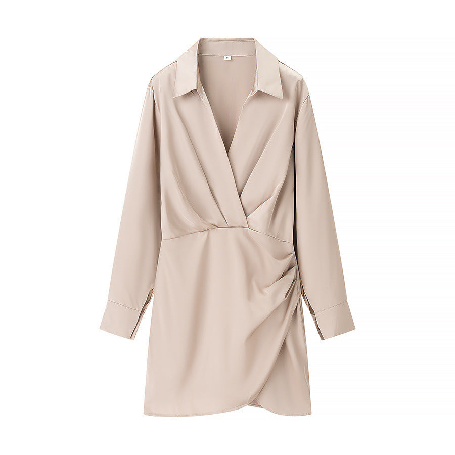 Side Wrinkle Dress Shirt Style Long Sleeve High Dresses