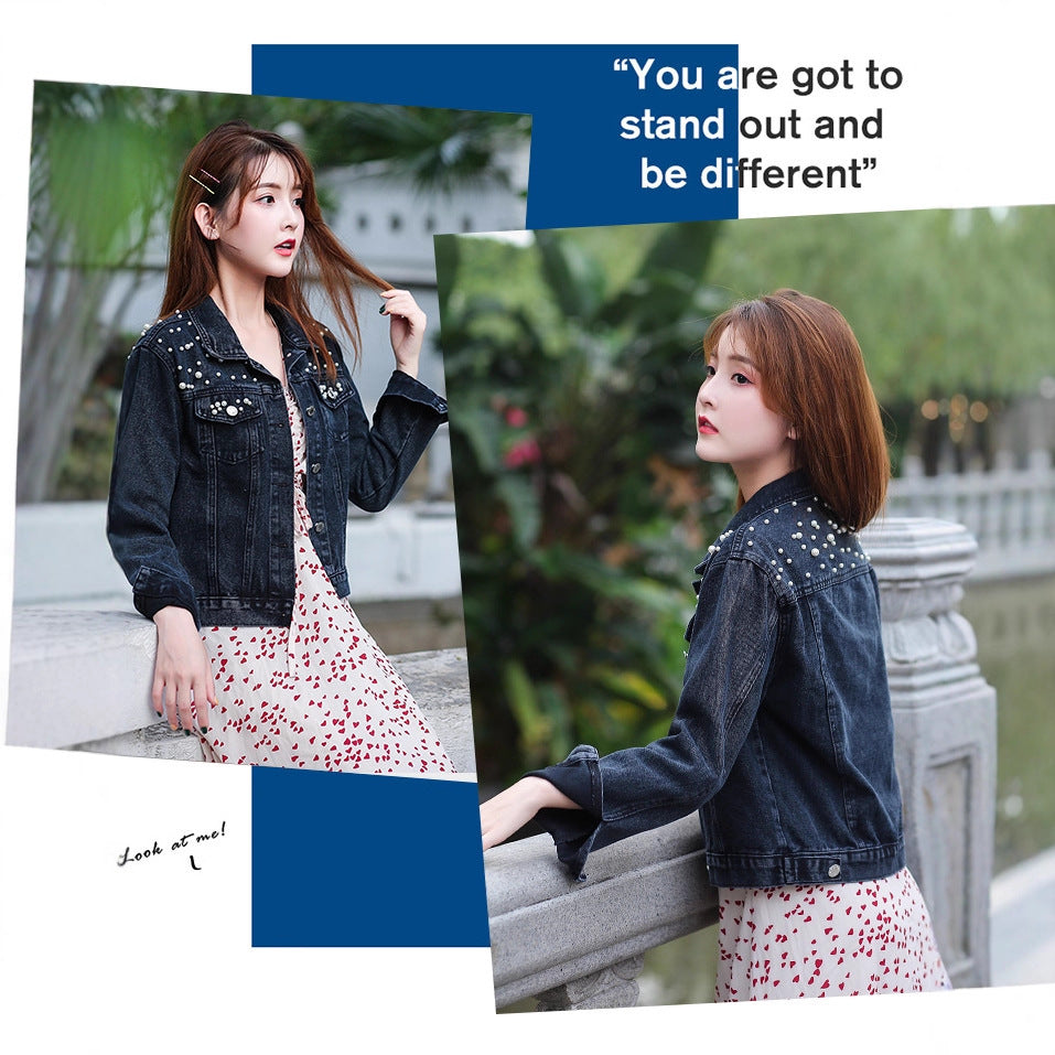 Women's Beaded Denim Pearl Baggy Casual Coats
