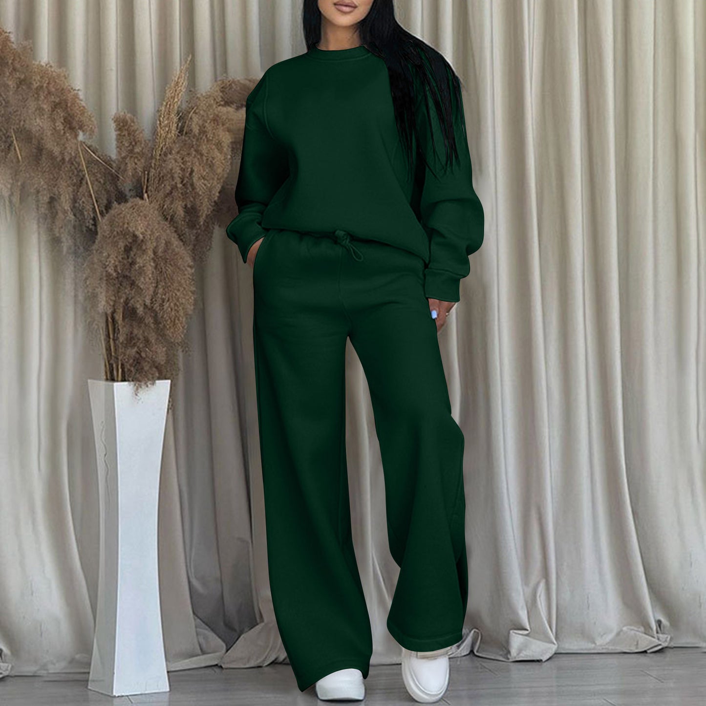 Women's Two-piece Set Long Sleeve Ribbed Patchwork Wide Leg Fashion Casual Suit