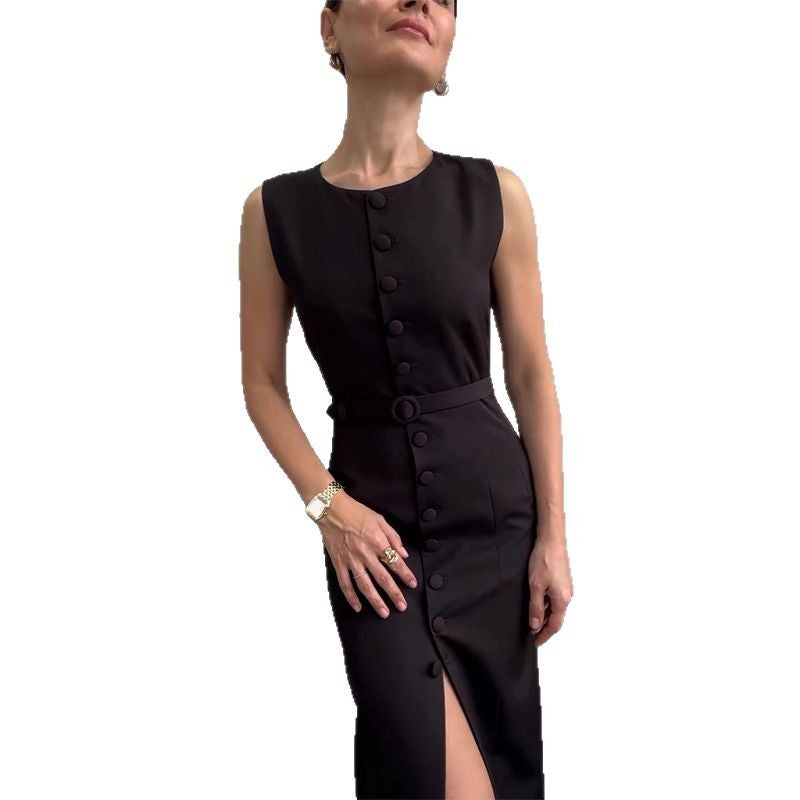 Solid Color Round Neck Sleeveless Split Dresses