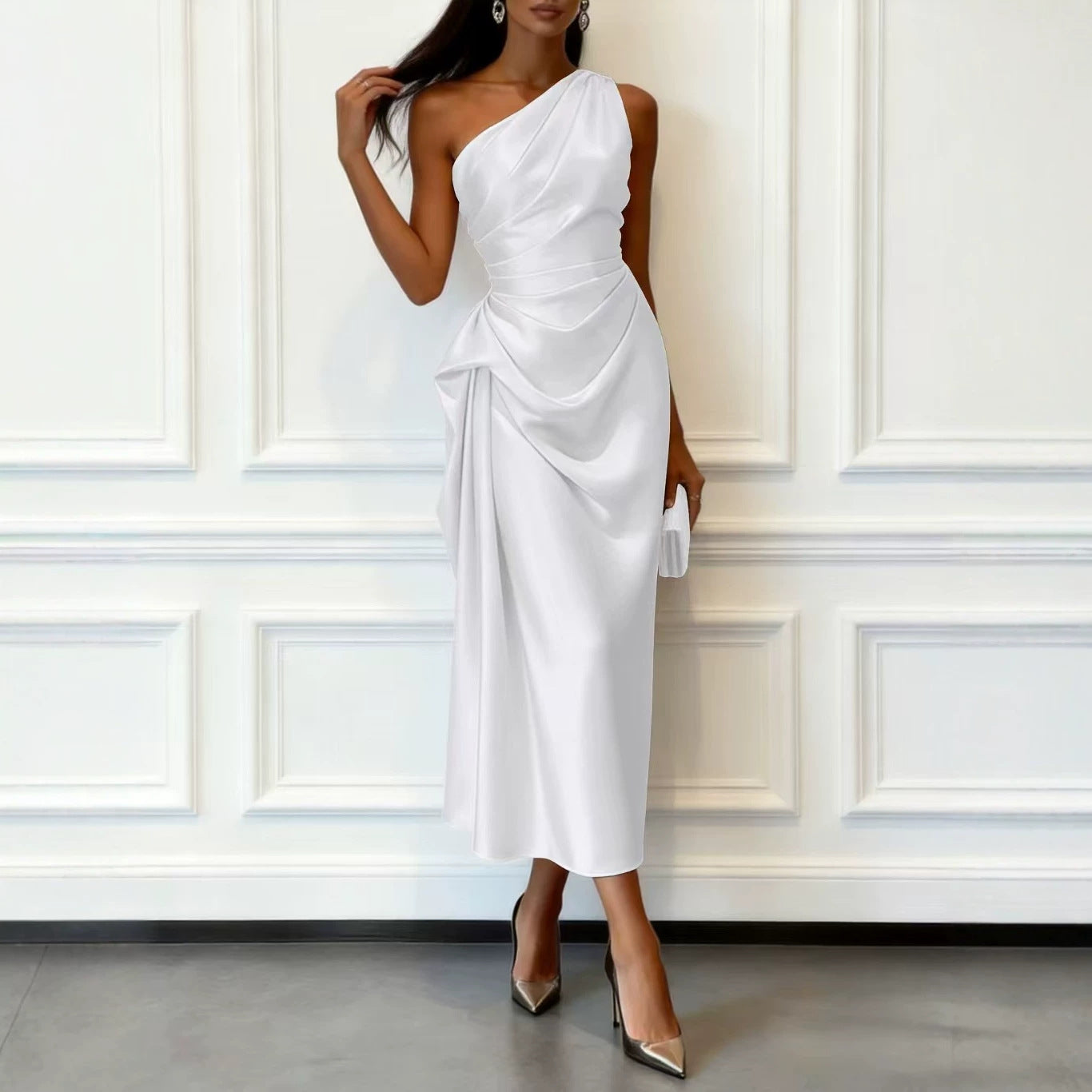 Women's Outer High-grade Satin Pleated Waist Tight Shoulder Dress