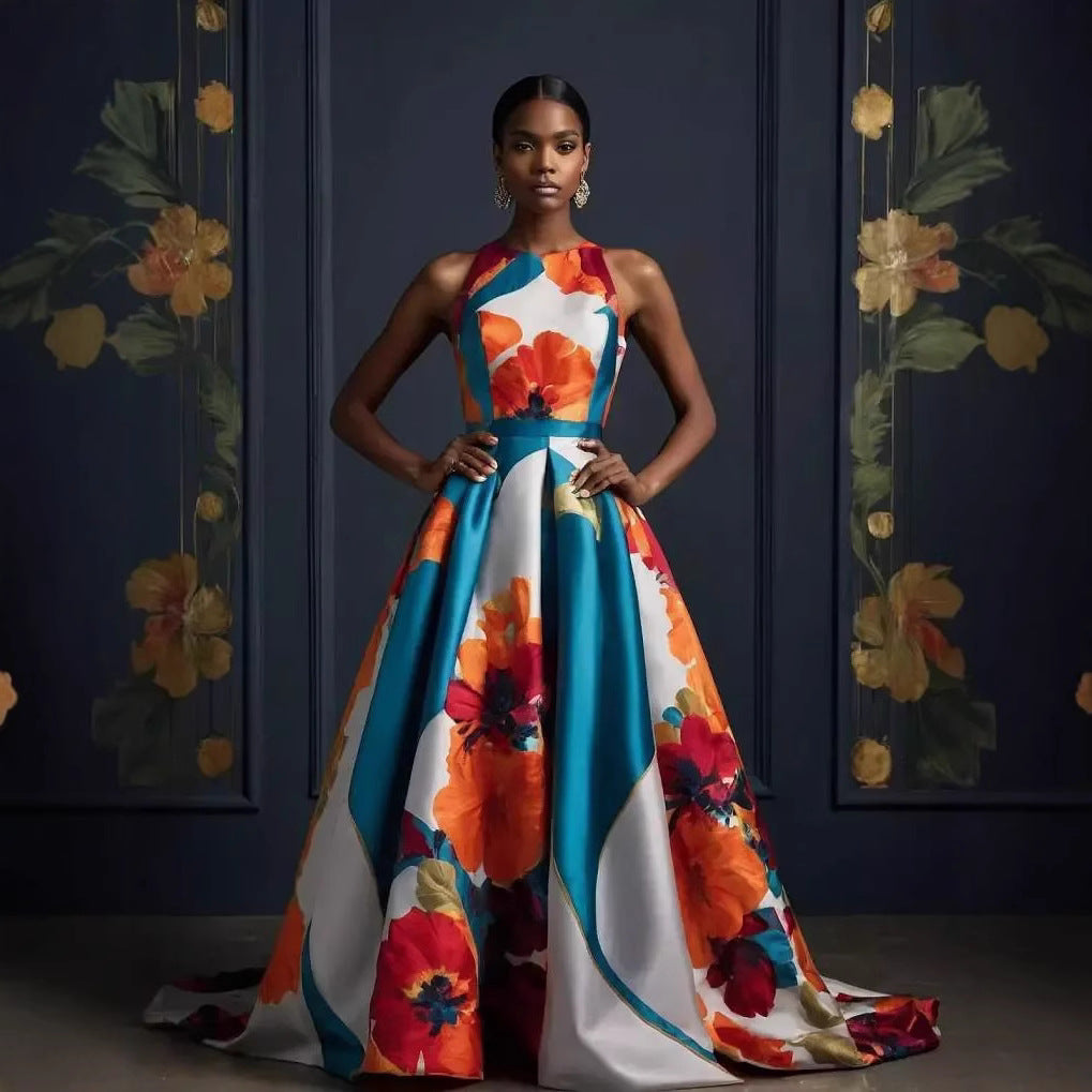 Fashion Large Swing Sleeveless Printed Waist Slim Satin Dress