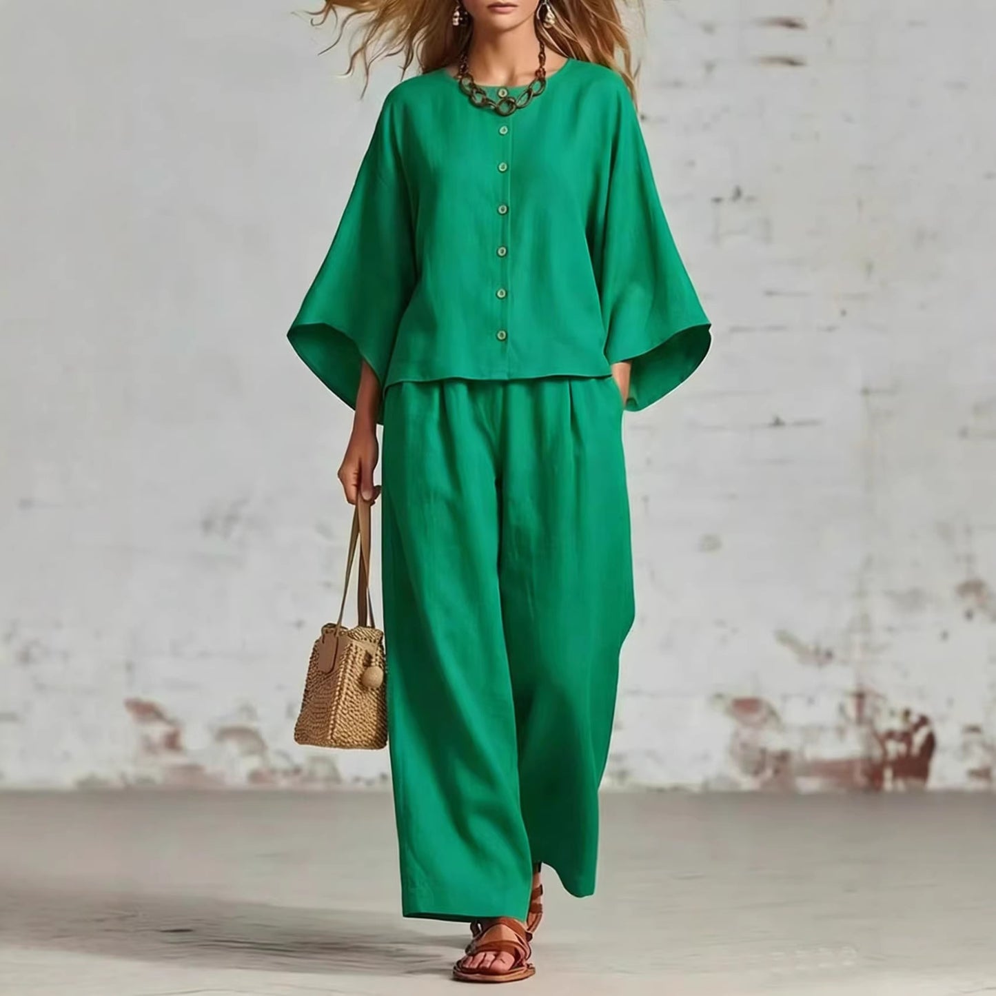 Popular Women's Cotton Linen Wide Leg Fashion Casual Suit