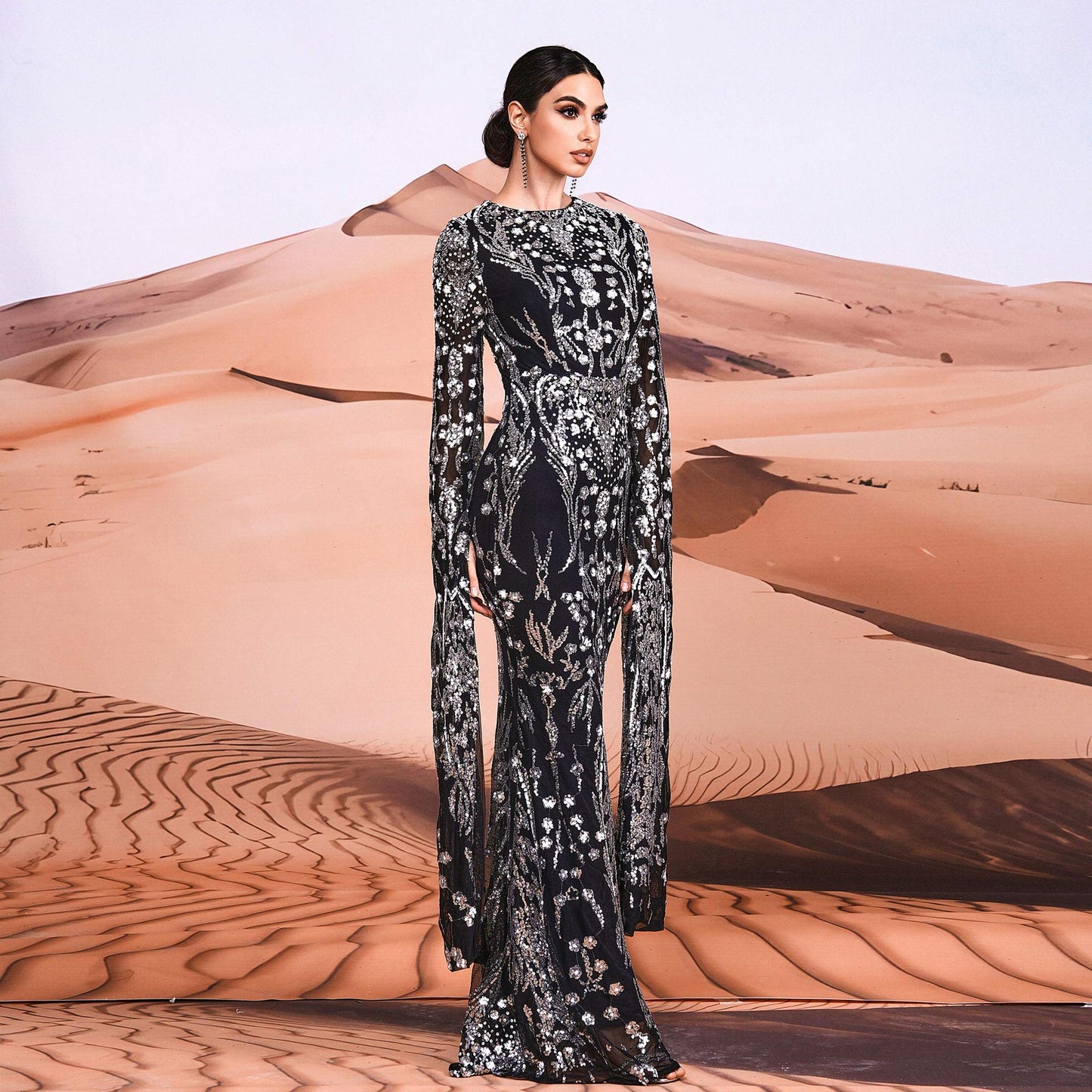 Long Sleeve Temperament Crew Neck Sexy Slim Sequined Party Dresses