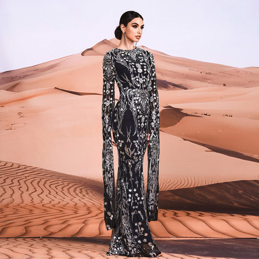 Long Sleeve Temperament Crew Neck Sexy Slim Sequined Party Dresses