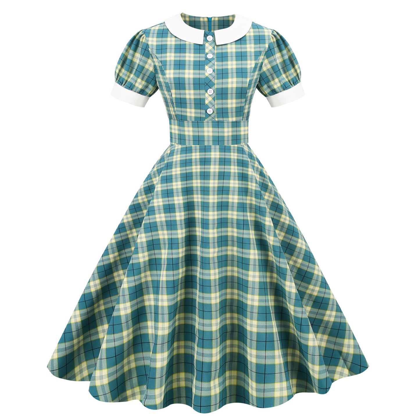 Plaid Contrast Color Peter Pan Collar Sleeve High Dresses
