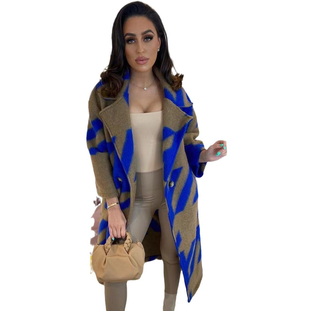 Women's Color Matching Fashion Long Sleeve Turn-down Collar Coats