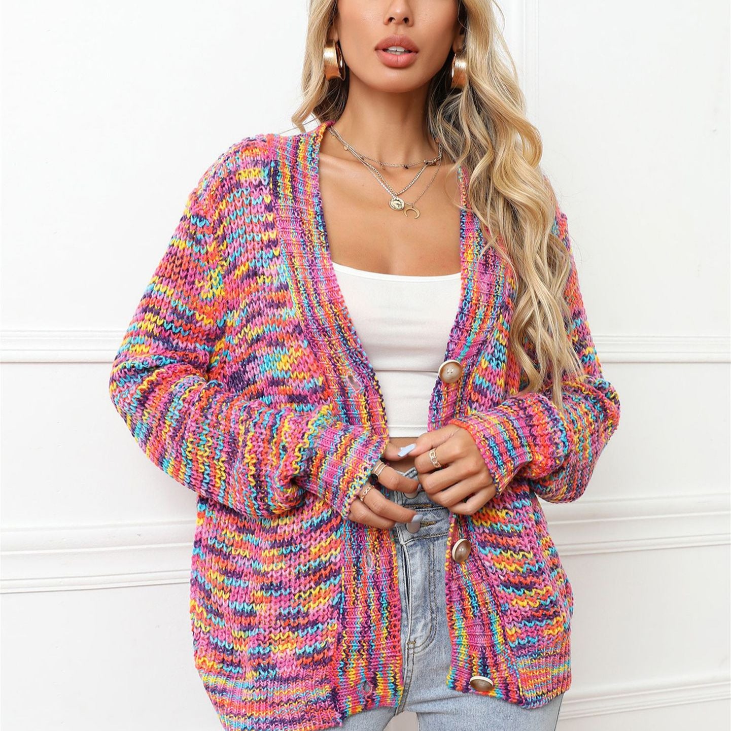 Winter Rainbow Mixed Color Festival Dyed Knitted Women's Sweater