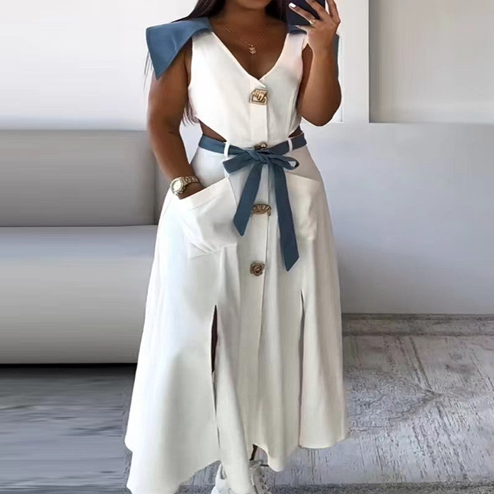 Summer Lapel Split Solid Color Belt Dress
