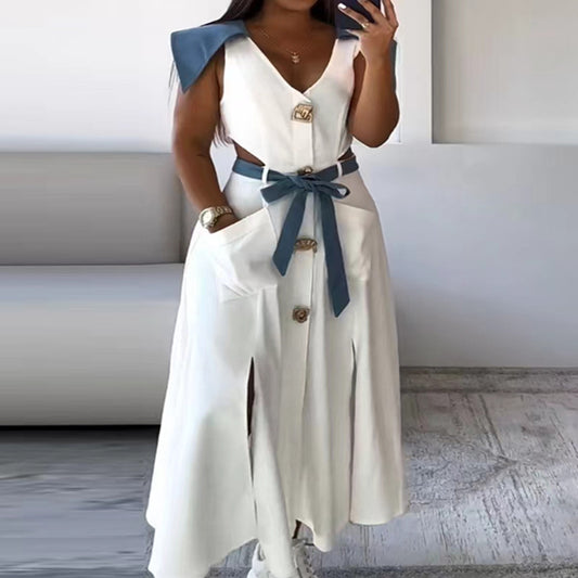 Summer Lapel Split Solid Color Belt Dress