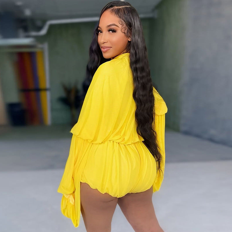 Women's Casual Round Neck Pleated Long Sleeve Jumpsuits