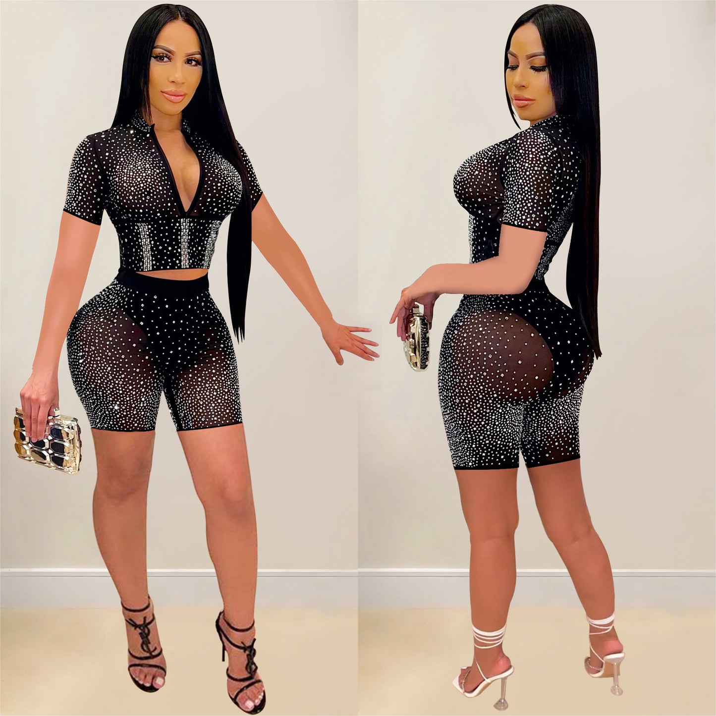 Women's Fashion Wear Pure Color Mesh Rhinestone Sleeve Suits
