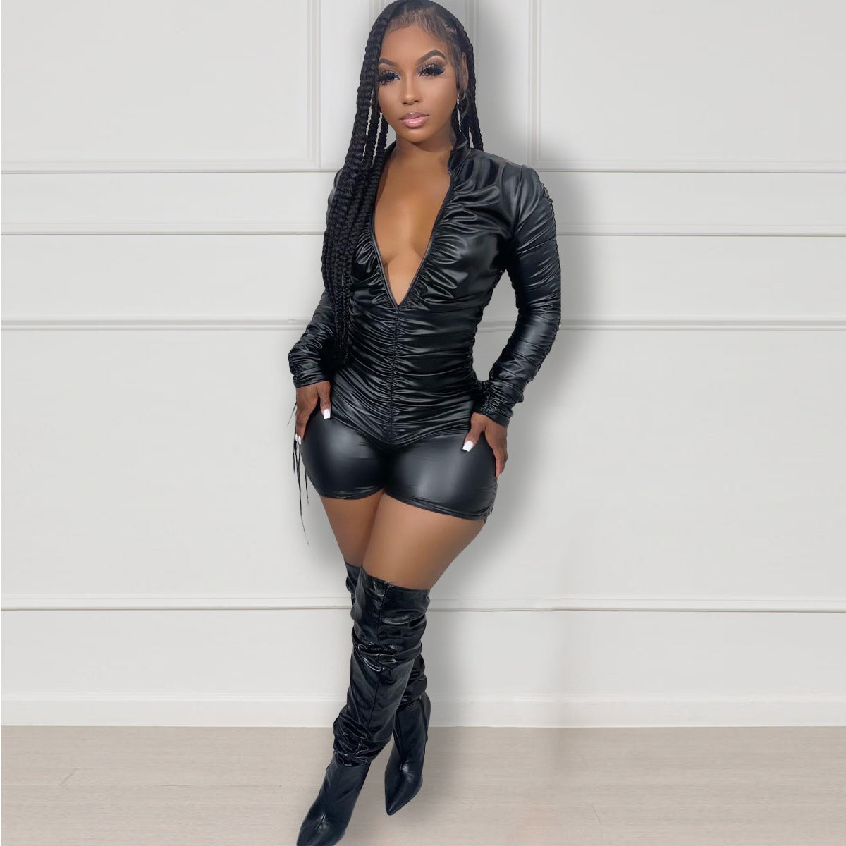 Women's Solid Color Pleated High Elastic Leather Jumpsuits