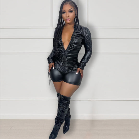 Women's Solid Color Pleated High Elastic Leather Jumpsuits