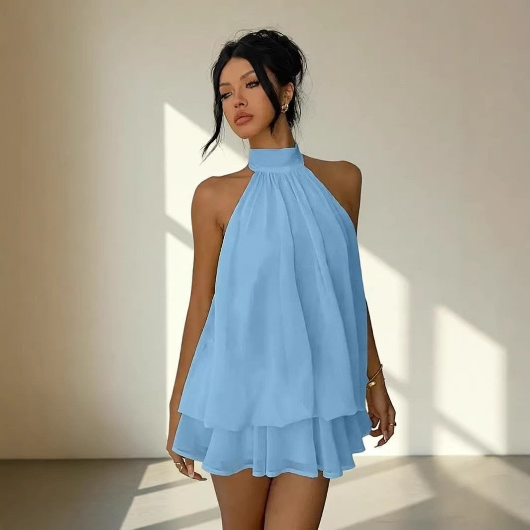 Women's Holiday Sexy Backless Halter Puff Dress