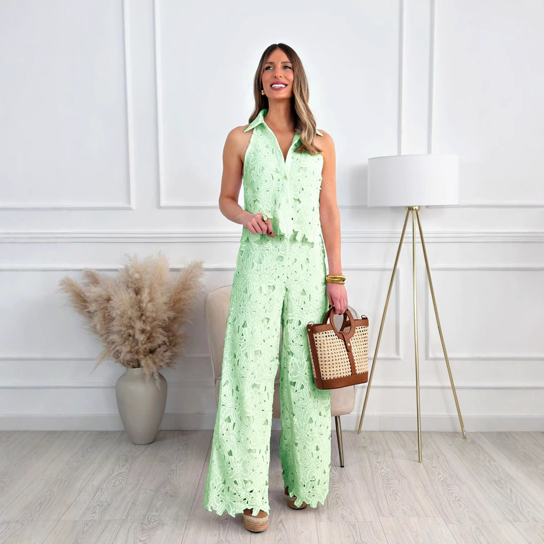 Summer French Style Embroidered Hollow Straight Suits