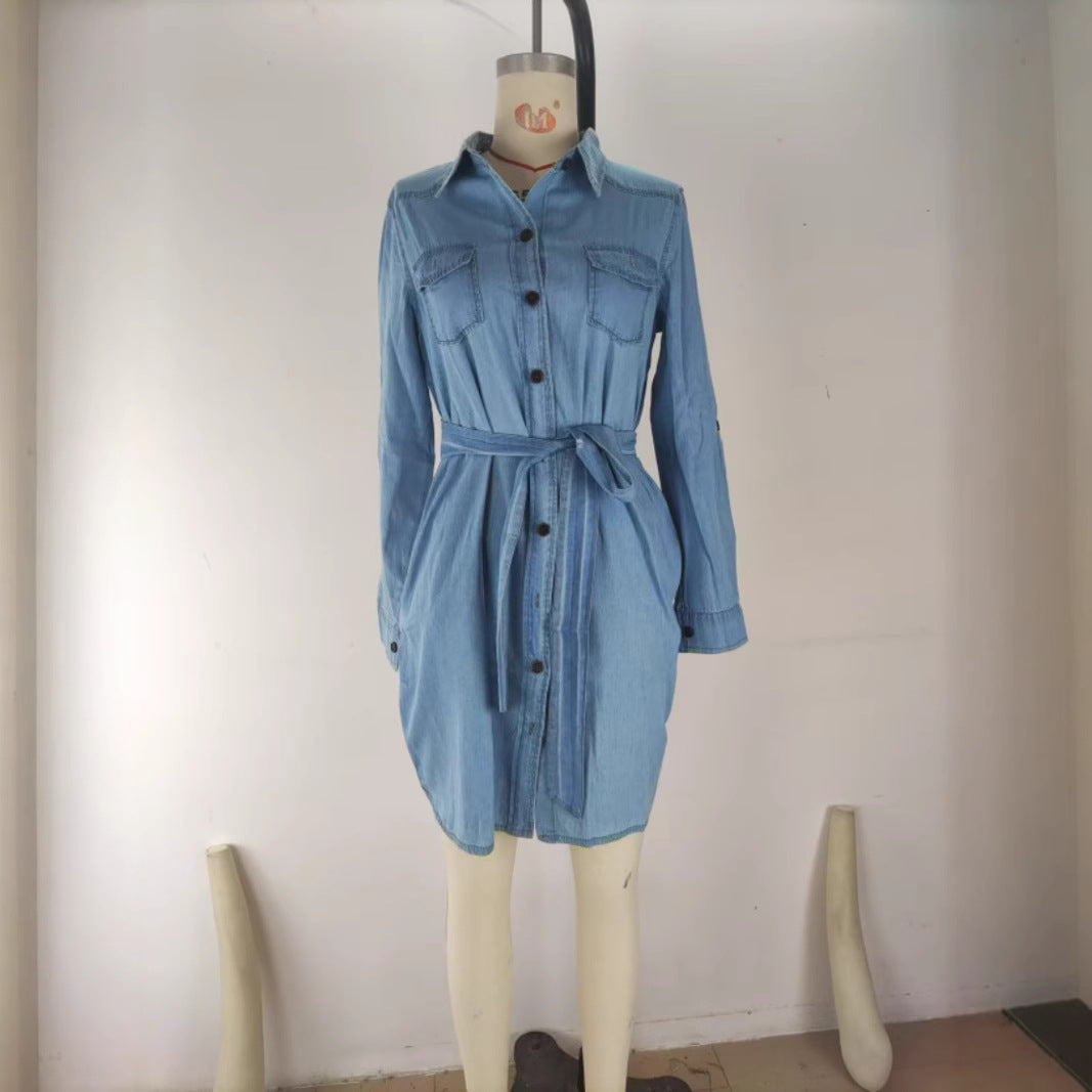 Women's Casual Polo Collar Long Sleeve Clinch Dresses