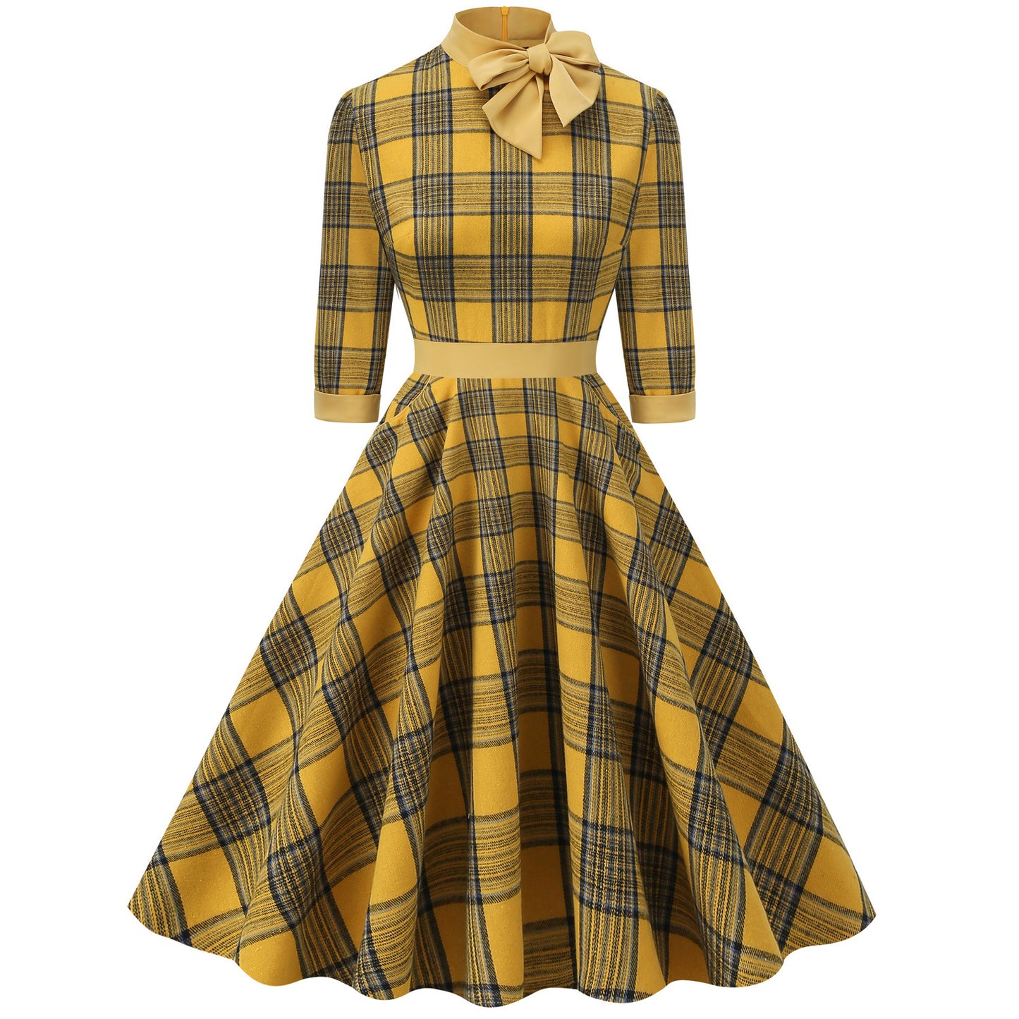 Plaid Turtleneck Green Sleeve Hepburn Style Color Collision Design Artistic Dress