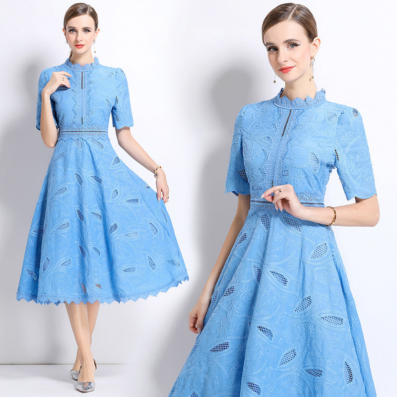 Women's French Retro Hollow Embroidered Waist Trimming Dresses